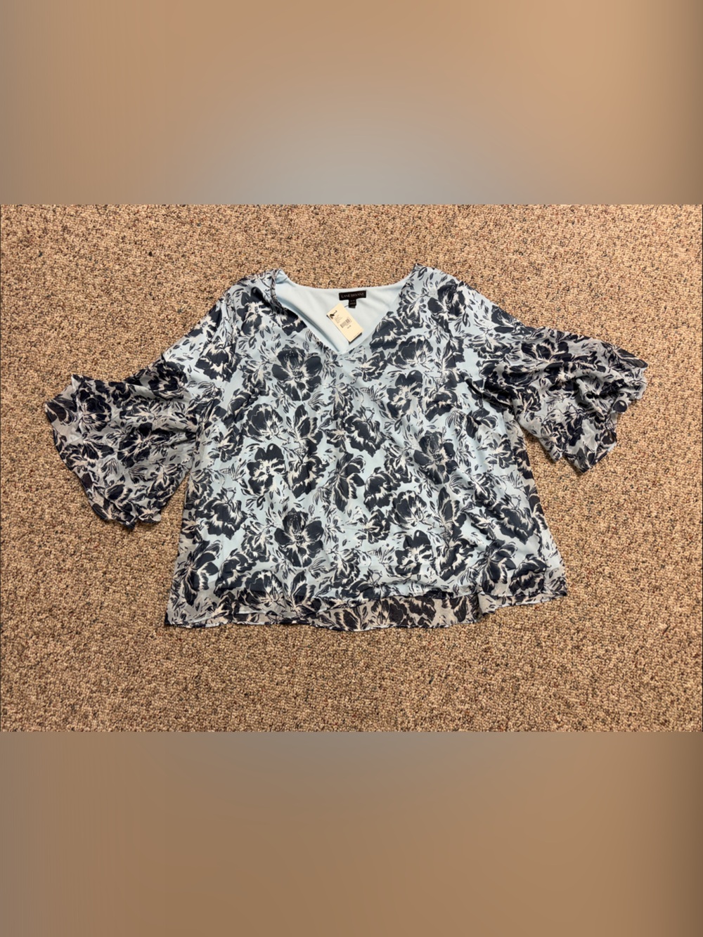 Lane Bryant Light Blue and Navy Floral V-Neck Blouse